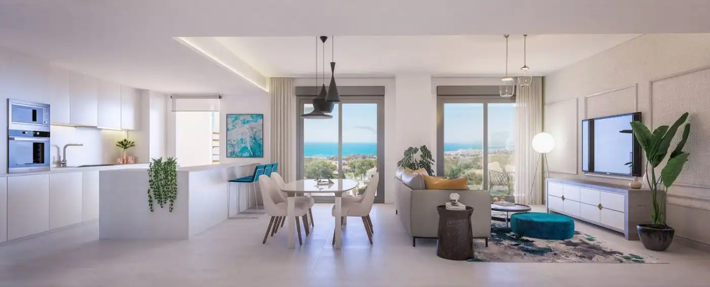 Wohnzimmer von Erdgeschoss zum Verkauf in Marbella mit Klimaanlage, Heizung und Privatgarten