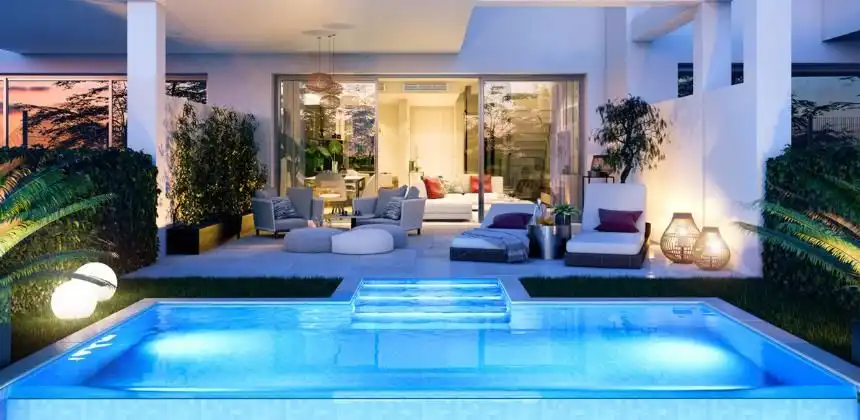 Swimming pool of Houses for rent in Manilva  with Air Conditioner, Private garden and Parquet flooring