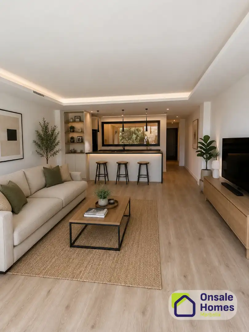 Wohnzimmer von Wohnungen zum Verkauf in Marbella mit Klimaanlage, Privatgarten und Abstellraum