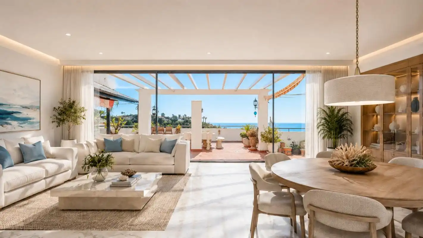 Sala d'estar de Àtic en venda en Benalmádena amb Aire condicionat, Calefacció i Jardí privat