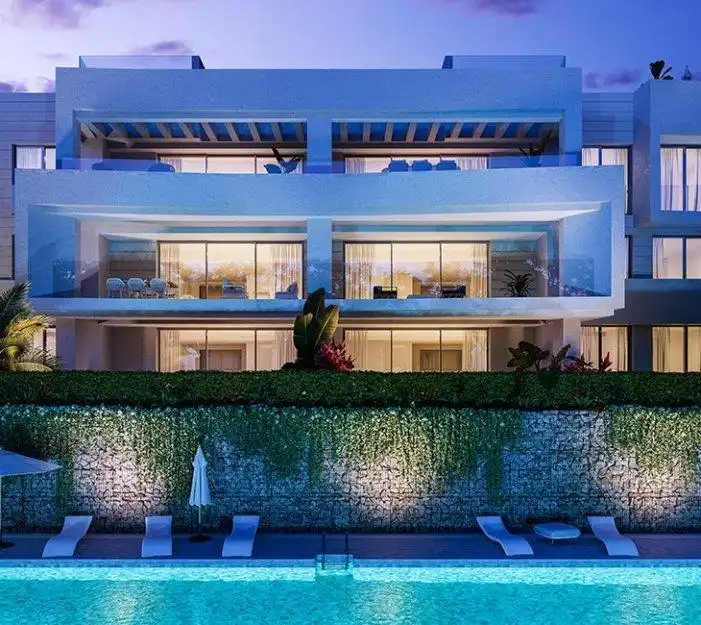 Außenansicht von Wohnungen zum Verkauf in Marbella mit Klimaanlage, Heizung und Privatgarten