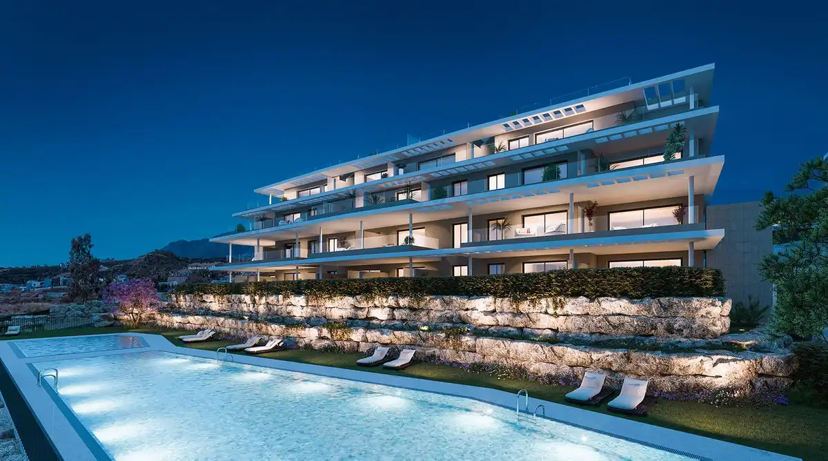 Außenansicht von Wohnungen zum Verkauf in Estepona mit Klimaanlage, Terrasse und Abstellraum
