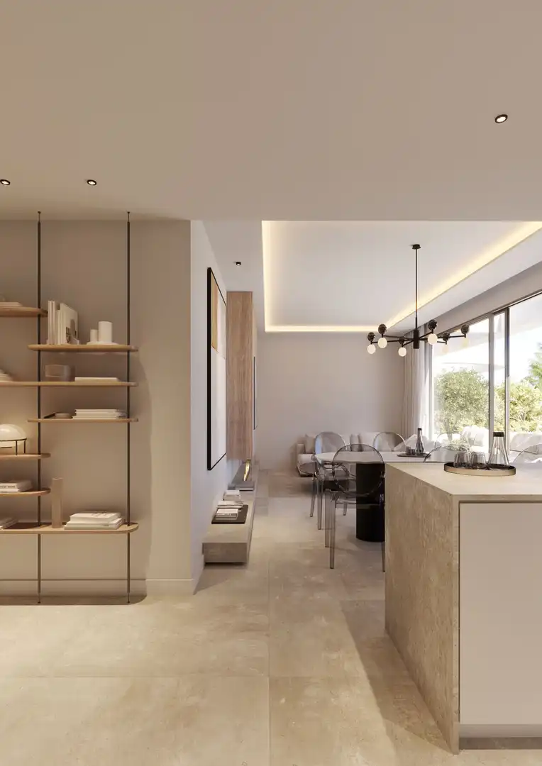 Wohnzimmer von Wohnungen zum Verkauf in Estepona mit Klimaanlage, Heizung und Privatgarten
