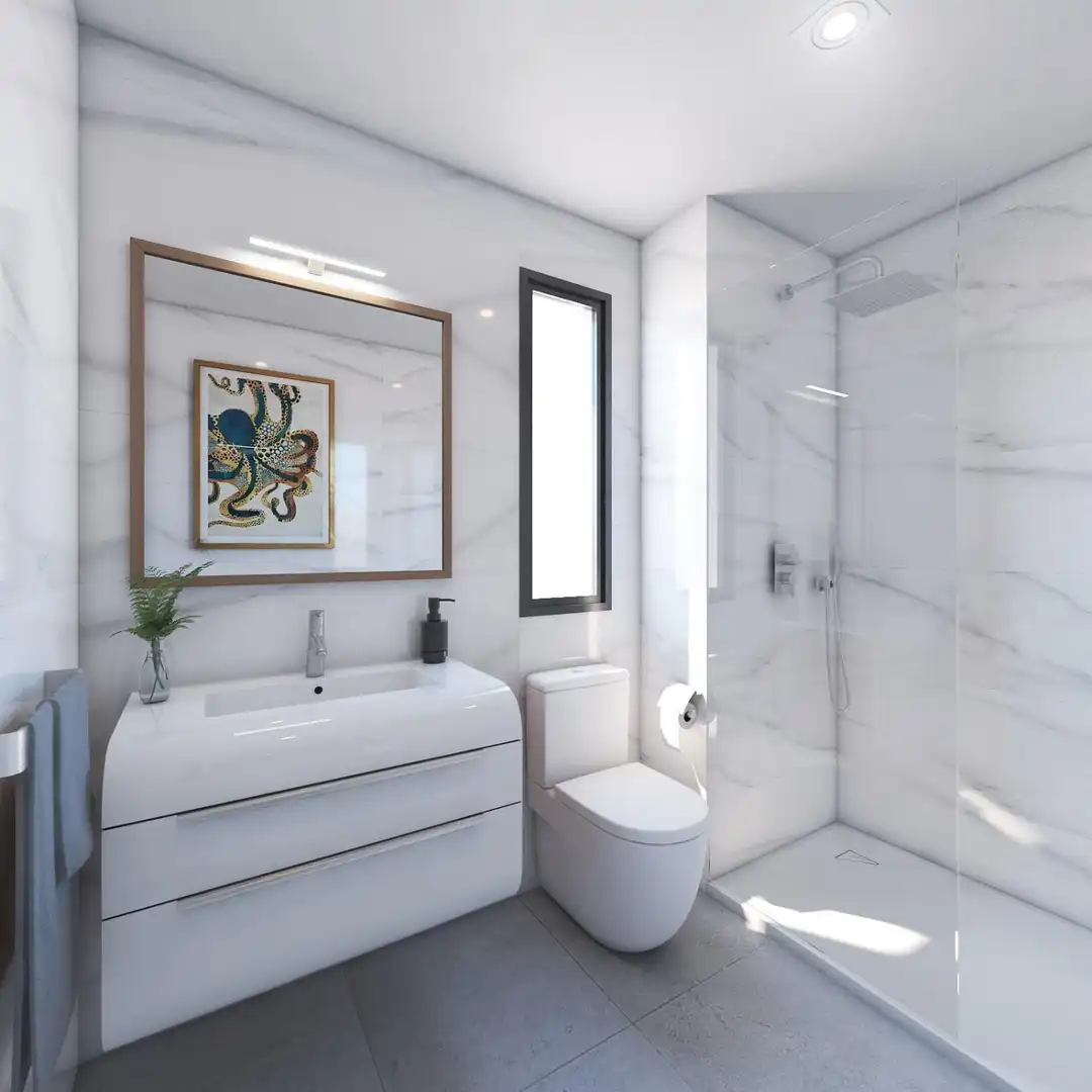 Badezimmer von Wohnungen zum Verkauf in Fuengirola mit Klimaanlage, Heizung und Privatgarten