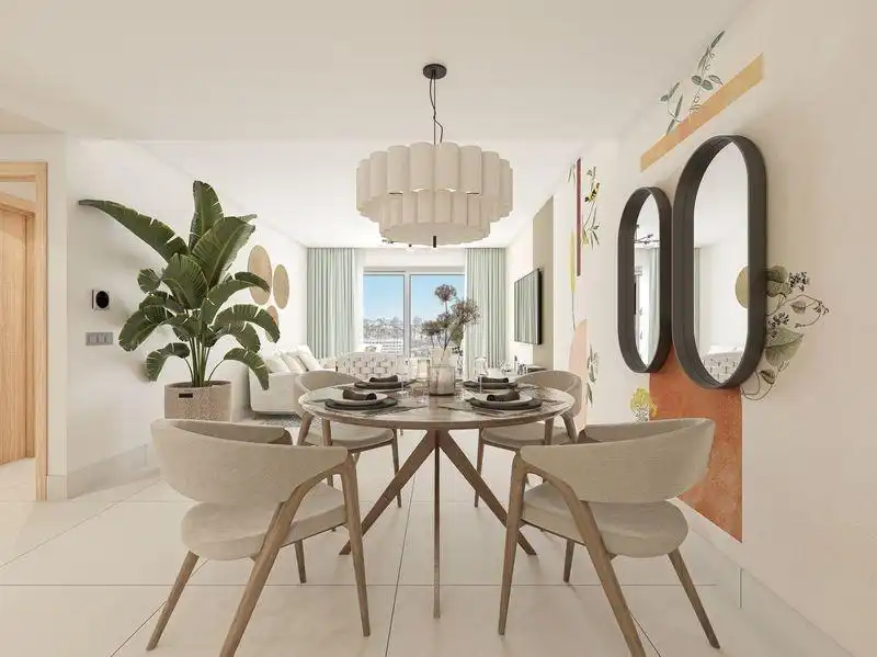Esszimmer von Wohnungen zum Verkauf in Manilva mit Klimaanlage, Privatgarten und Terrasse