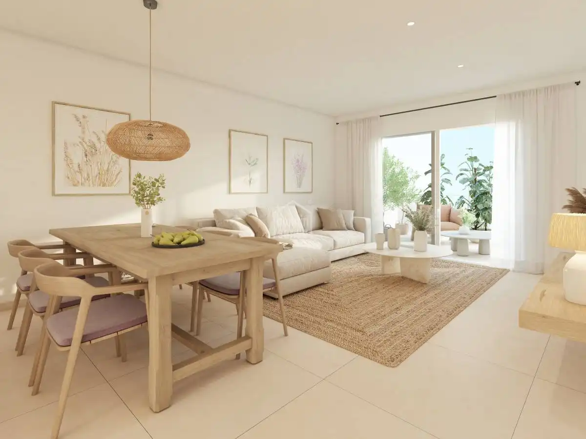 Sala d'estar de Apartament en venda en Es Mercadal amb Jardí privat, Terrassa i Piscina