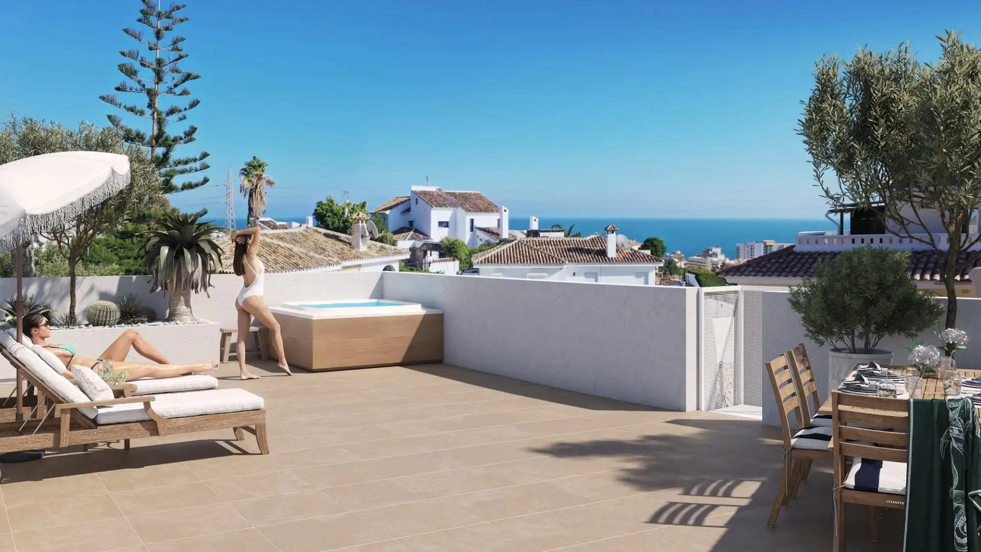 Terrasse von Wohnungen zum Verkauf in Fuengirola mit Klimaanlage, Heizung und Privatgarten