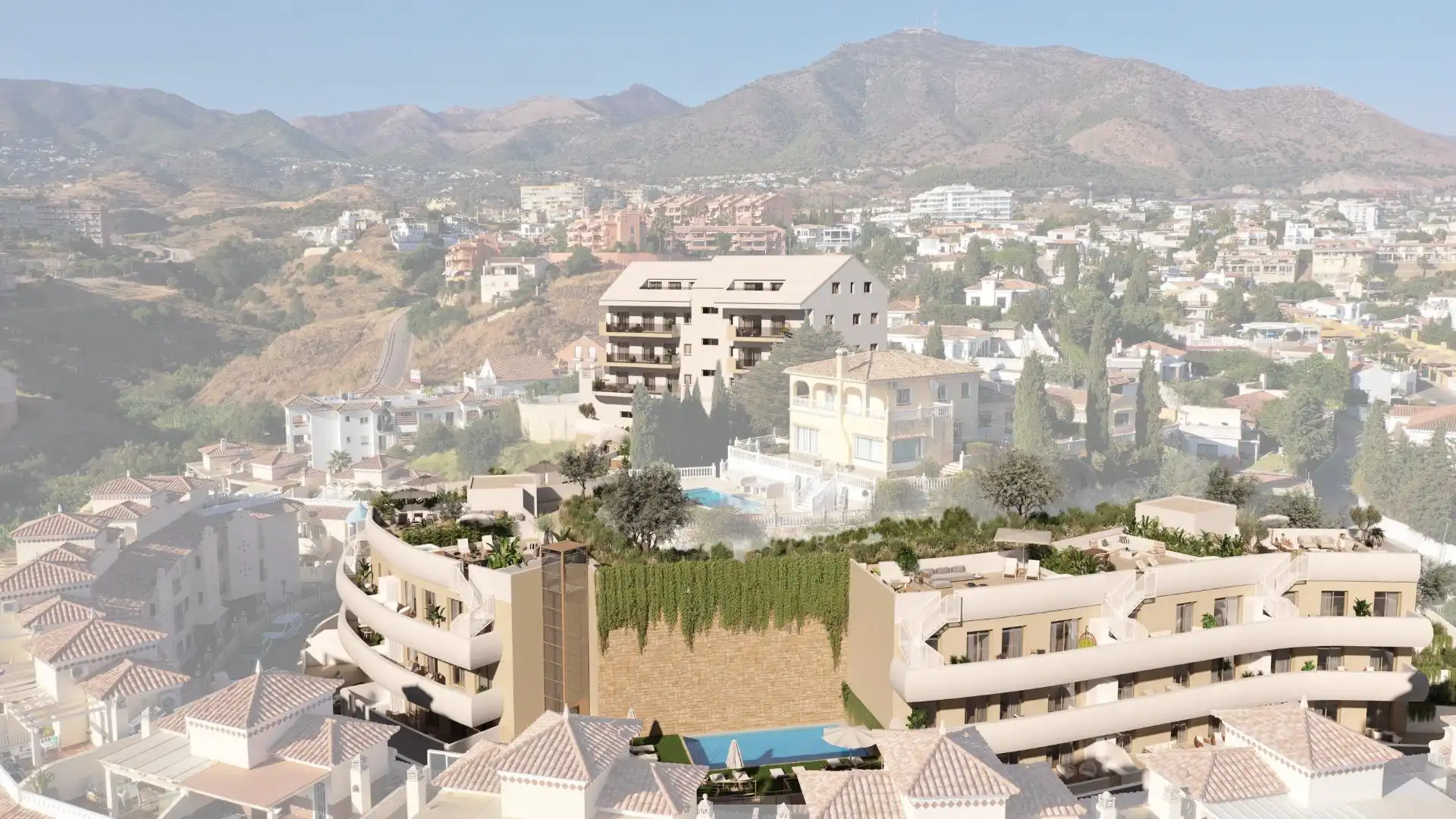 Außenansicht von Wohnungen zum Verkauf in Fuengirola mit Klimaanlage, Heizung und Privatgarten
