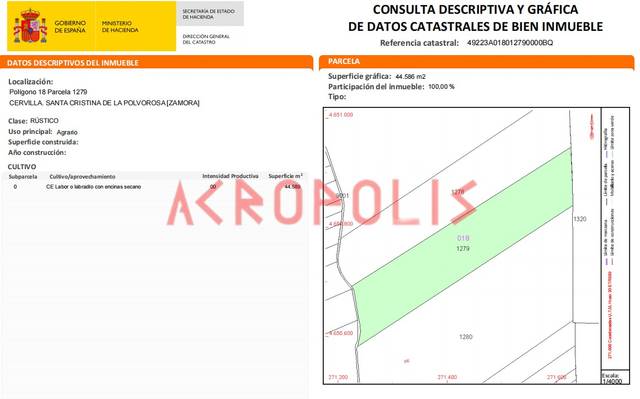 Terreno en Venta en Polígono 18 Parcela 1279 CERVILLA. SANTA CRISTINA  en Santa Cristina de la Polvorosa