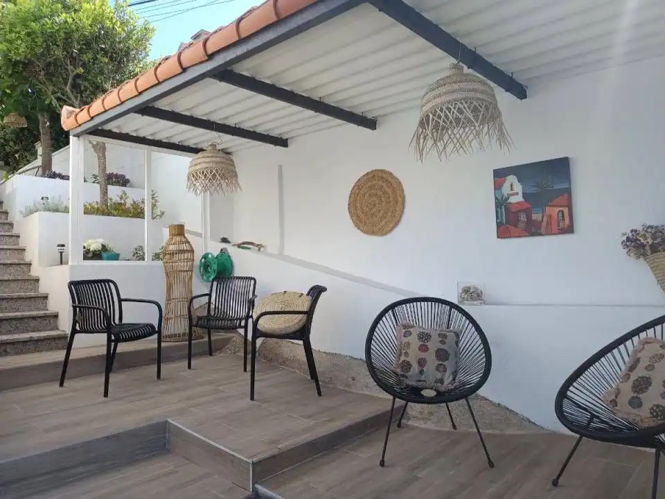 Terraza de Finca rústica de alquiler en Baiona con Jardín privado, Terraza y Piscina