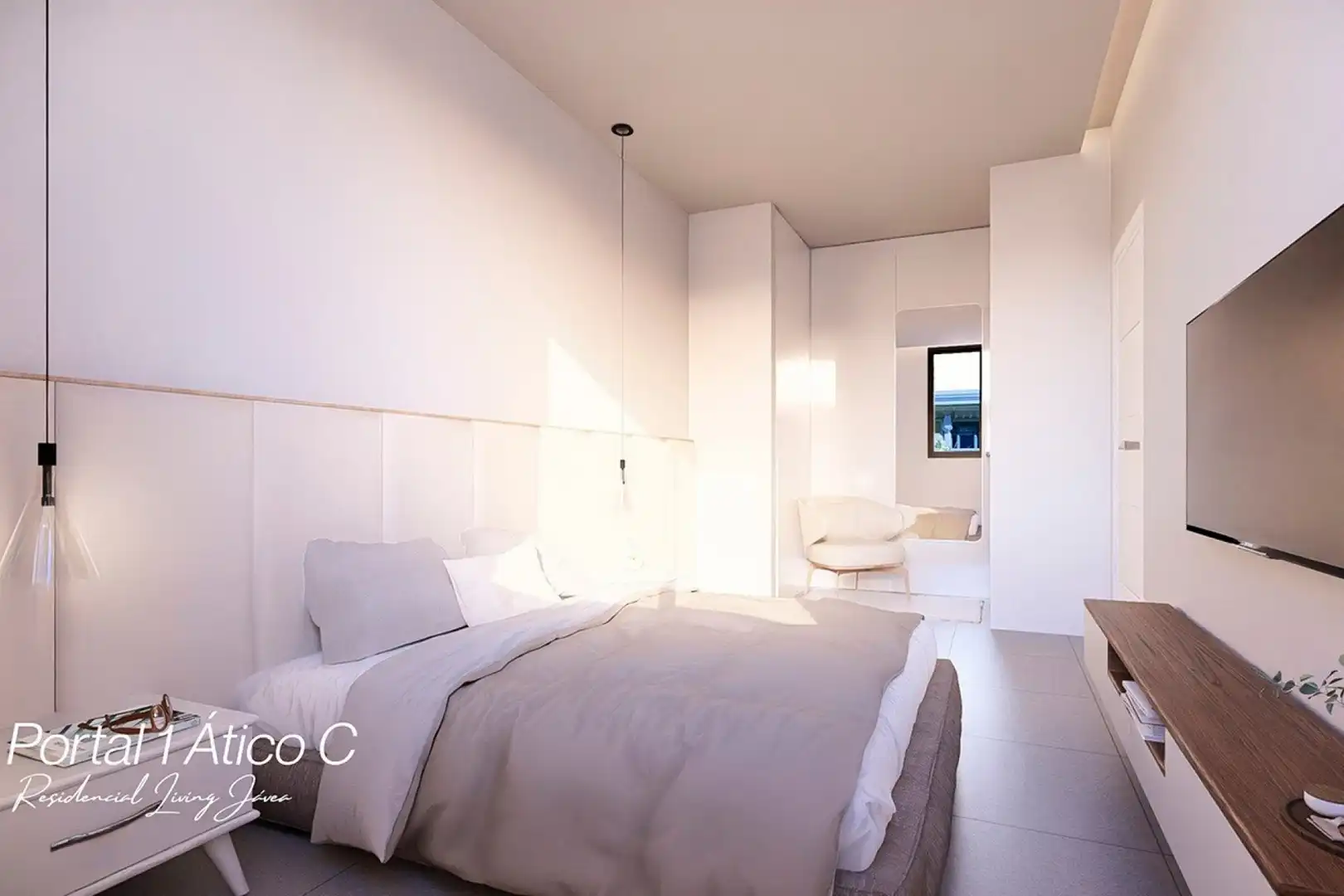 Schlafzimmer von Dachboden zum Verkauf in Jávea / Xàbia mit Klimaanlage, Heizung und Privatgarten