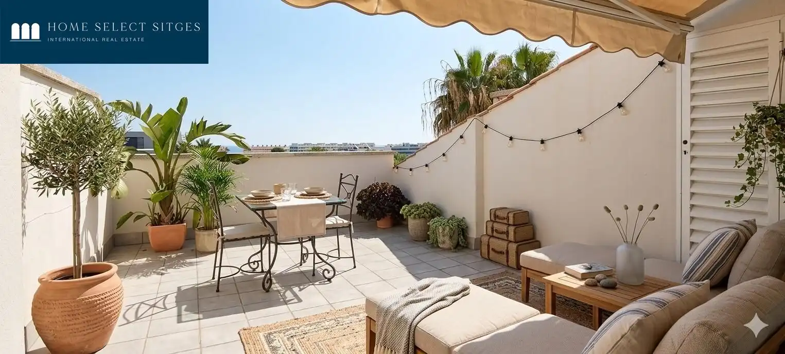 Terrasse von Einfamilien-Reihenhaus zum Verkauf in Sitges mit Klimaanlage, Heizung und Parkett