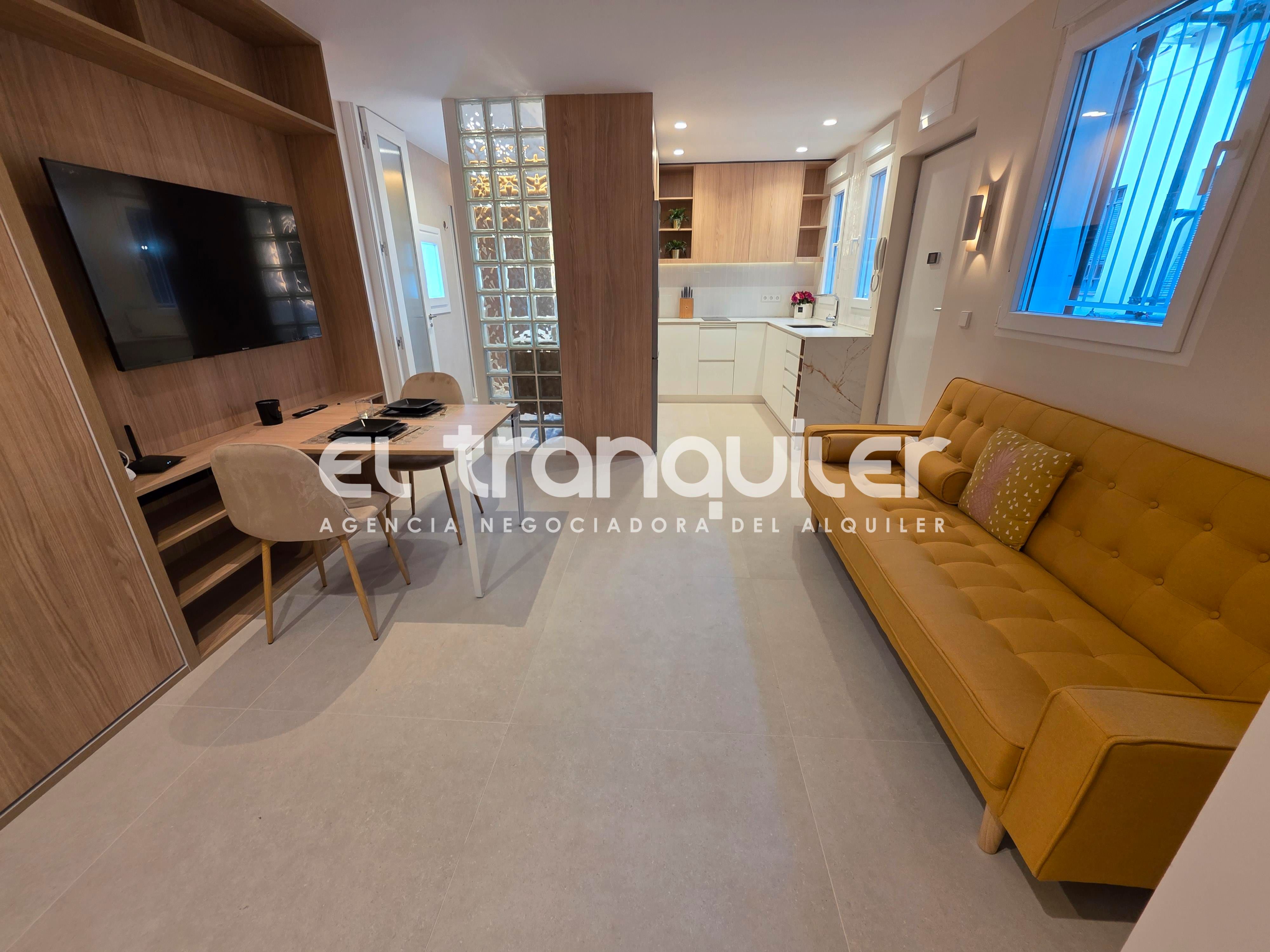 Sala d'estar de Estudi de lloguer en  Madrid Capital amb Aire condicionat, Moblat i Rentadora