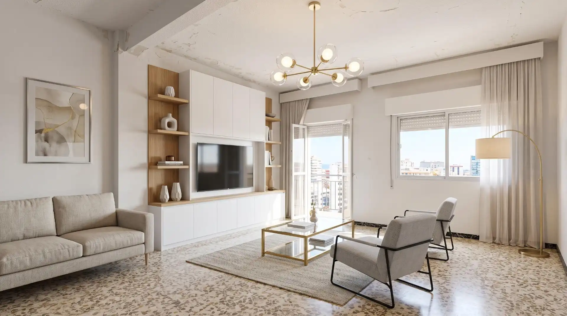 Sala de estar de Casa adosada en venta en Sanlúcar la Mayor con Aire acondicionado, Calefacción y Terraza