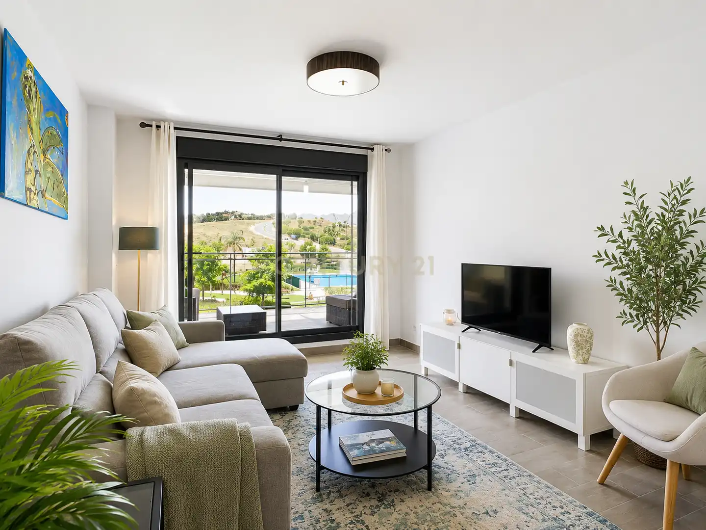 Sala d'estar de Pis en venda en Mijas amb Aire condicionat, Jardí privat i Forn