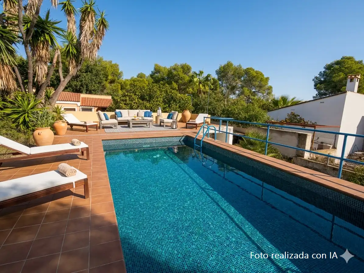 Schwimmbecken von Einfamilien-Reihenhaus zum Verkauf in Olocau mit Privatgarten, Terrasse und Schwimmbad
