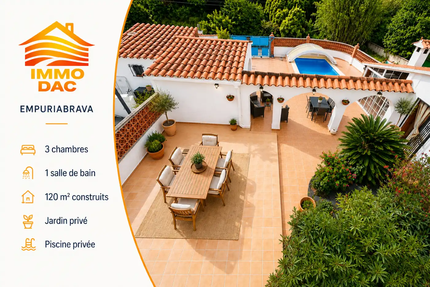 Terrasse von Einfamilien-Reihenhaus zum Verkauf in Empuriabrava mit Klimaanlage, Heizung und Privatgarten