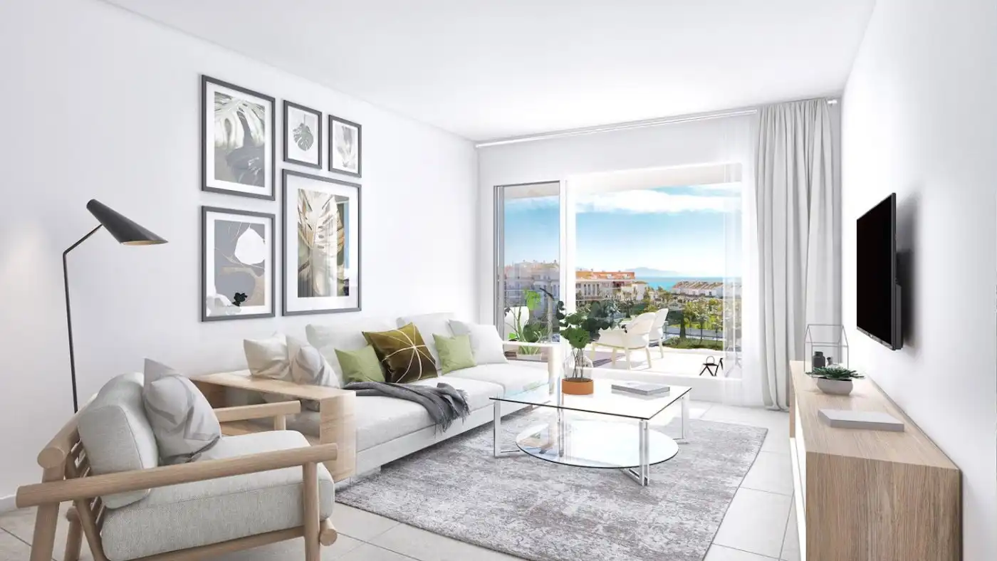Sala de estar de Apartamento en venta en Manilva con Terraza, Trastero y Piscina comunitaria