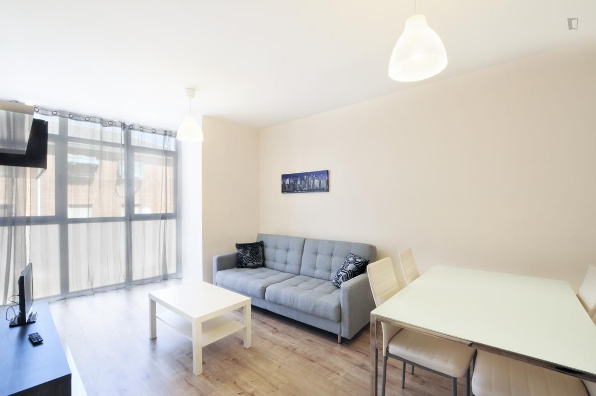 Sala d'estar de Apartament de lloguer en  Madrid Capital amb Aire condicionat, Calefacció i Moblat