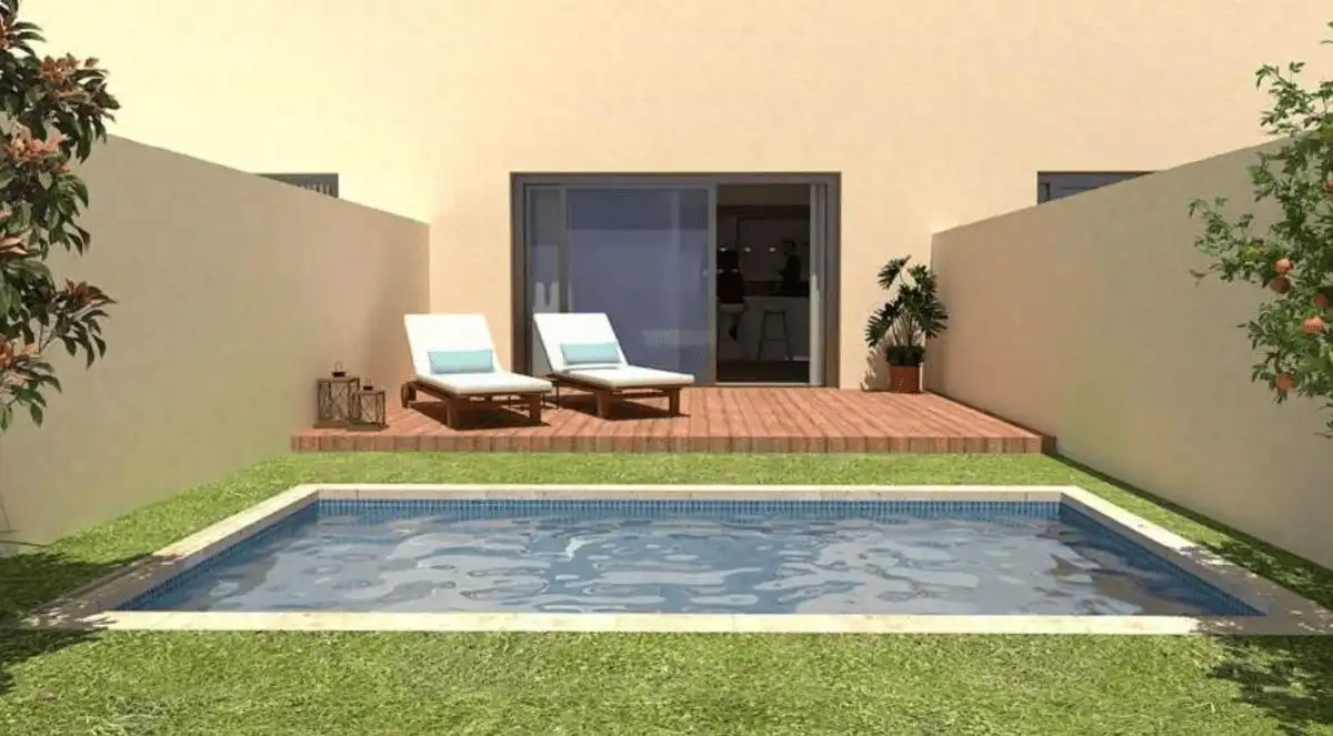 Schwimmbecken von Einfamilien-Reihenhaus zum Verkauf in Llubí mit Klimaanlage, Heizung und Privatgarten