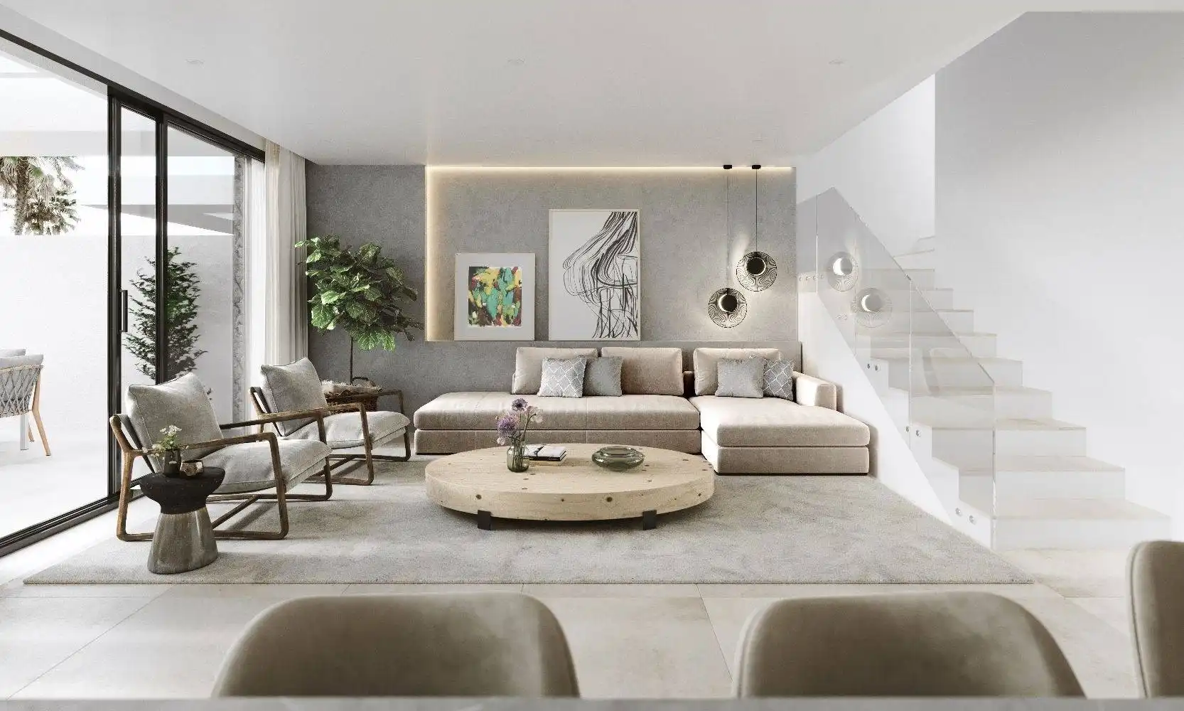 Wohnzimmer von Wohnungen zum Verkauf in Estepona mit Klimaanlage, Heizung und Privatgarten