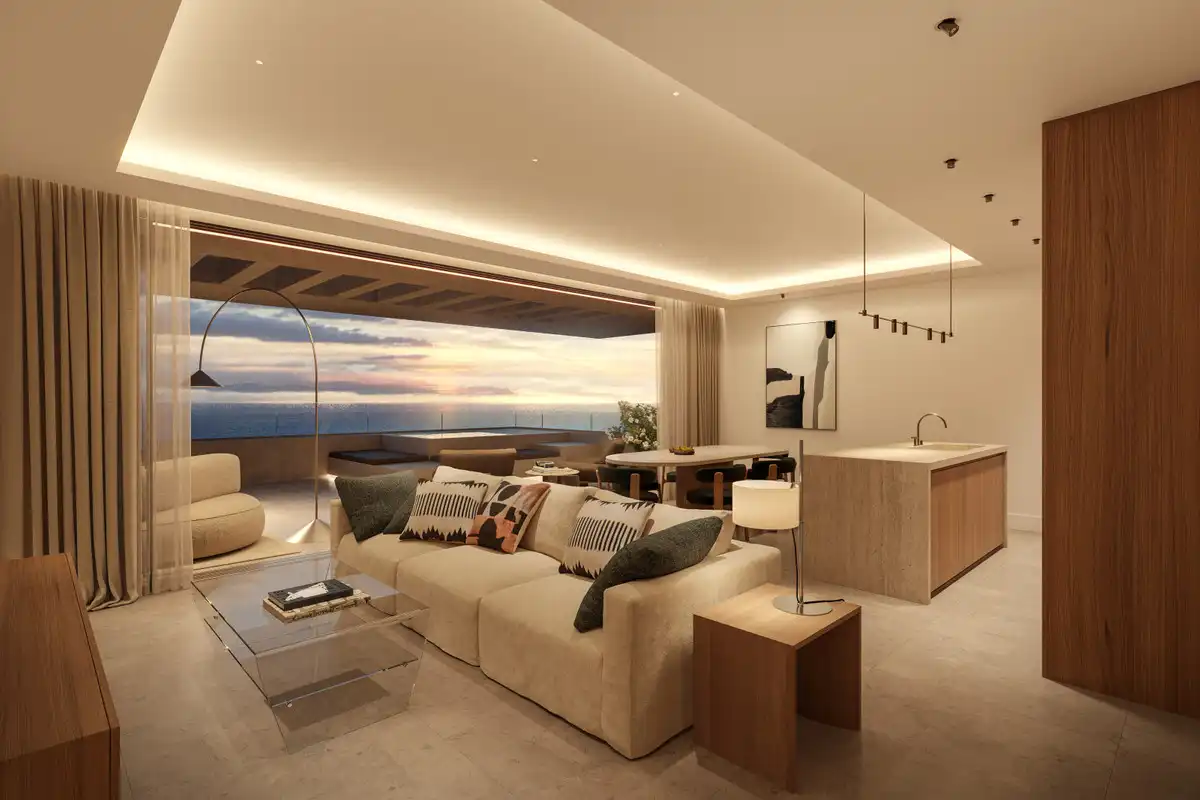 Sala d'estar de Apartament en venda en Benalmádena amb Aire condicionat, Calefacció i Jardí privat