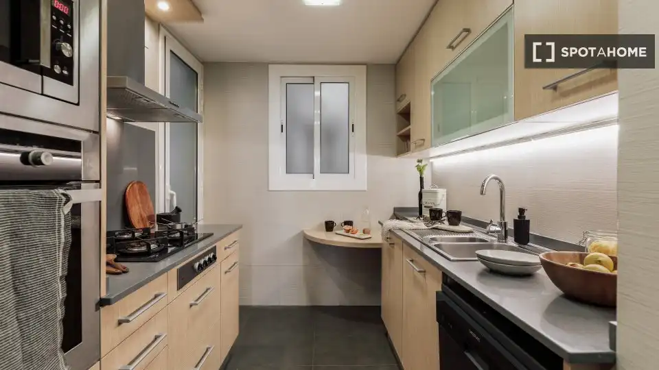 Cuina de Apartament per a compartir en Barcelona amb Aire condicionat, Terrassa i Moblat