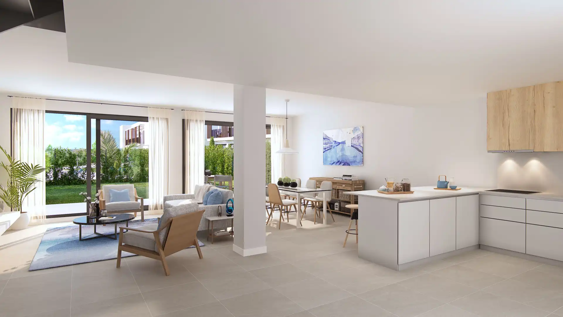 Wohnzimmer von Einfamilien-Reihenhaus zum Verkauf in Sotogrande mit Klimaanlage, Privatgarten und Terrasse