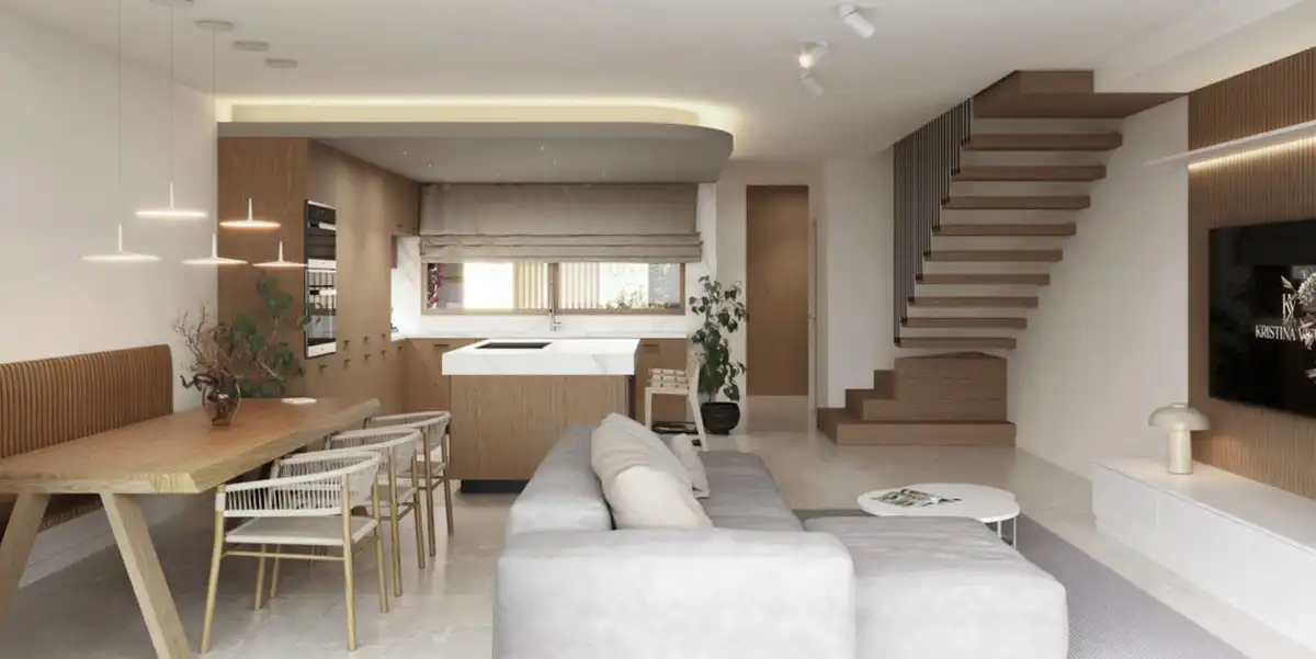 Wohnzimmer von Einfamilien-Reihenhaus zum Verkauf in Manilva mit Klimaanlage, Privatgarten und Abstellraum