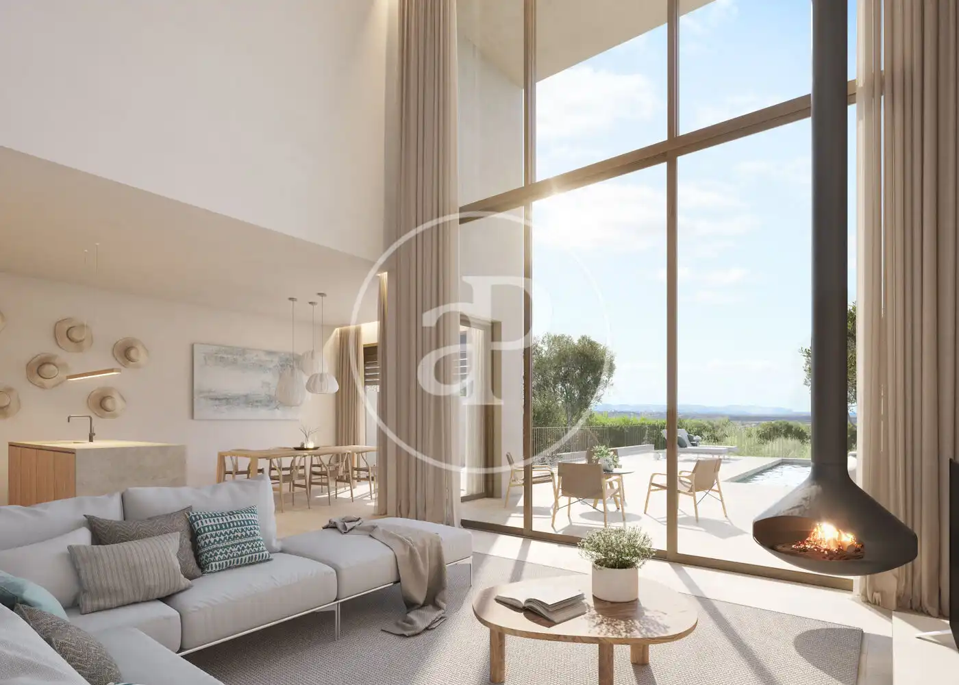 Wohnzimmer von Einfamilien-Reihenhaus zum Verkauf in Ses Salines mit Klimaanlage, Heizung und Privatgarten