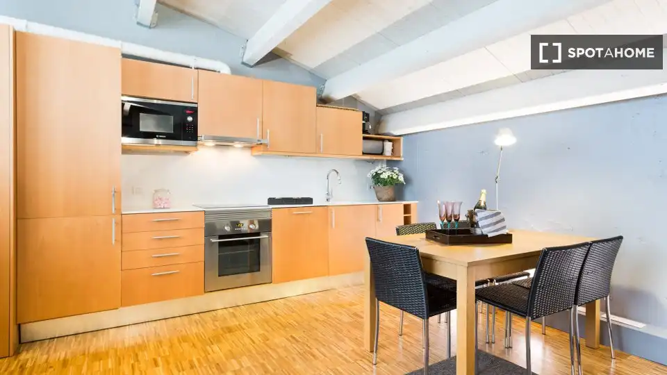 Cuina de Apartament per a compartir en Barcelona amb Aire condicionat, Terrassa i Moblat
