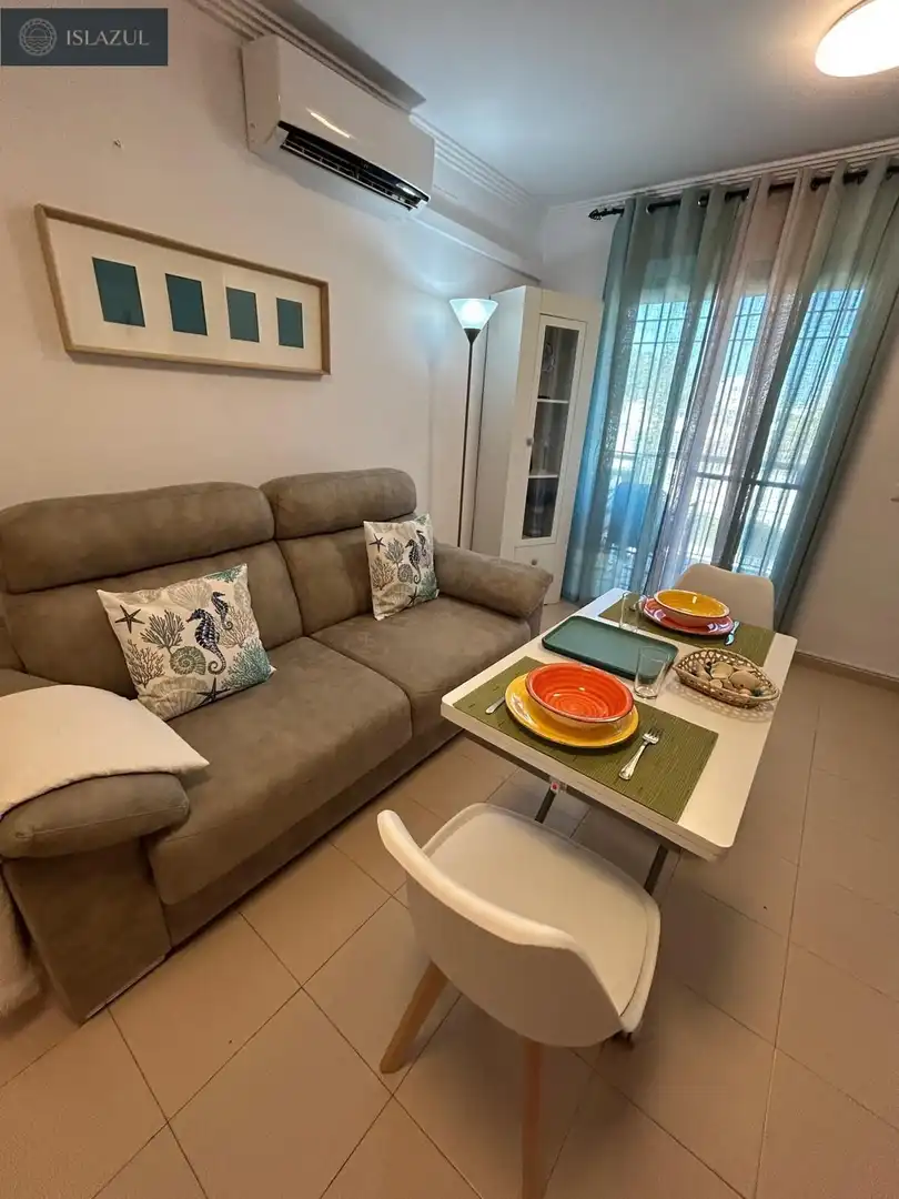Sala d'estar de Pis de lloguer en Isla Cristina amb Aire condicionat, Jardí privat i Terrassa