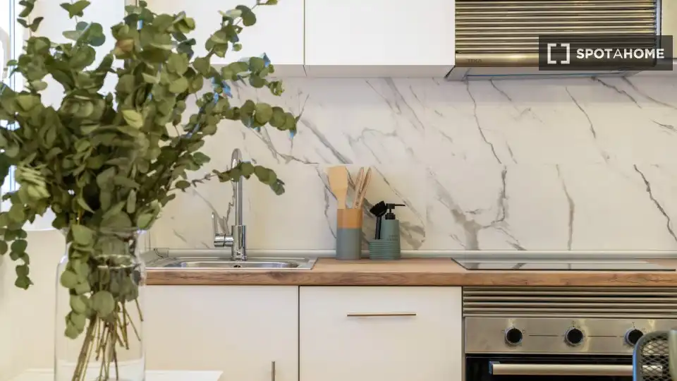 Cuina de Apartament per a compartir en Madrid amb Aire condicionat, Terrassa i Moblat
