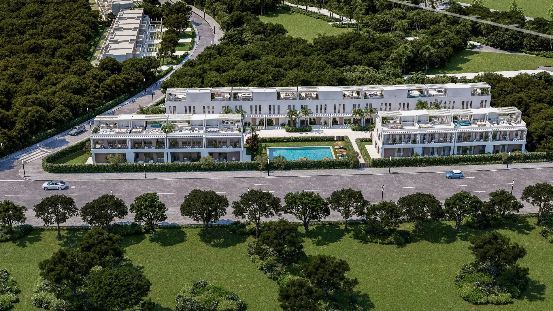 Außenansicht von Einfamilien-Reihenhaus zum Verkauf in El Rompido mit Klimaanlage, Abstellraum und Gemeinschaftspool