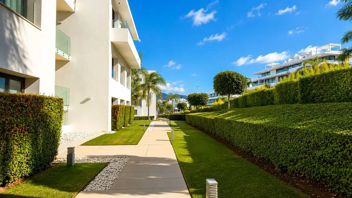 Außenansicht von Wohnungen zum Verkauf in Estepona mit Klimaanlage, Terrasse und Abstellraum