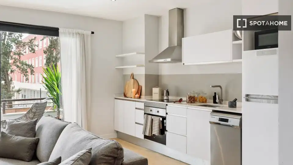 Cuina de Apartament per a compartir en Barcelona amb Aire condicionat, Terrassa i Moblat