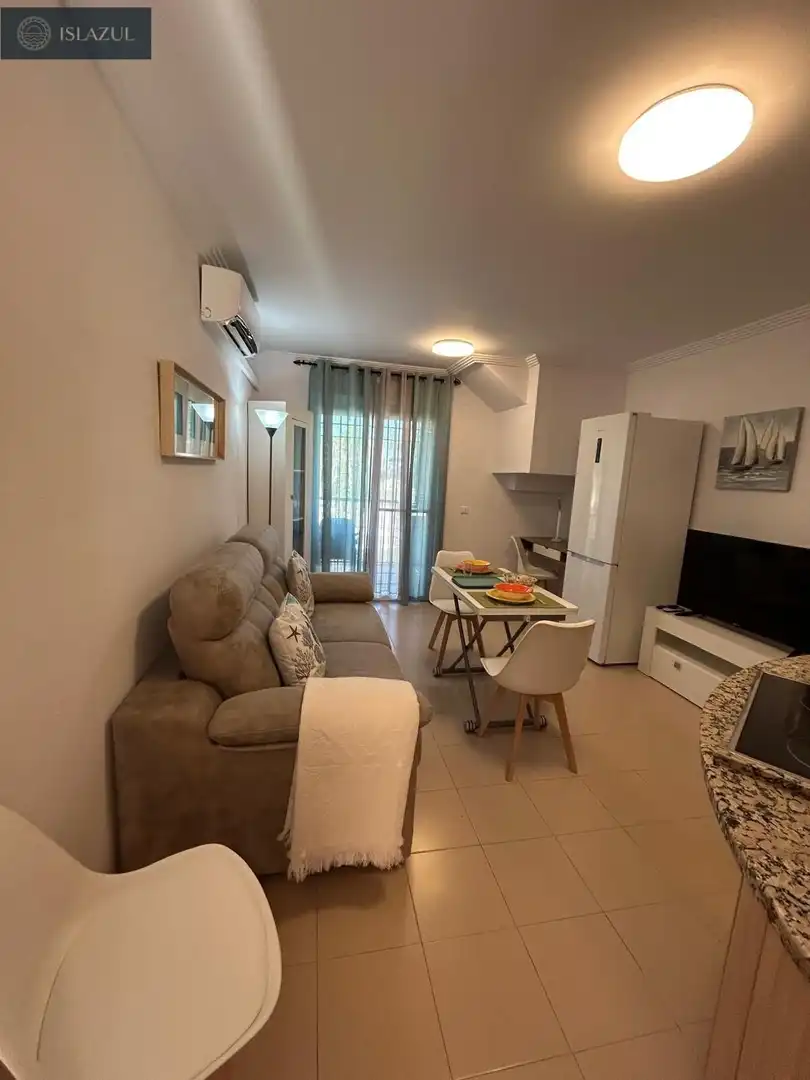 Sala d'estar de Pis de lloguer en Isla Cristina amb Aire condicionat, Jardí privat i Terrassa