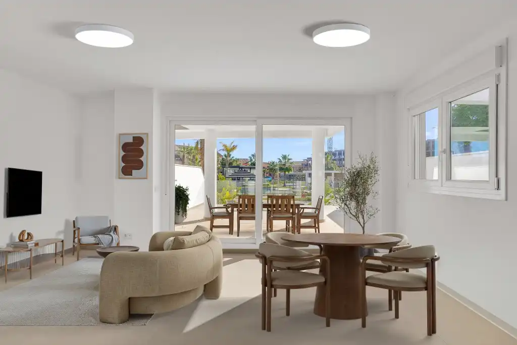 Sala d'estar de Apartament en venda en Manilva amb Aire condicionat, Jardí privat i Terrassa