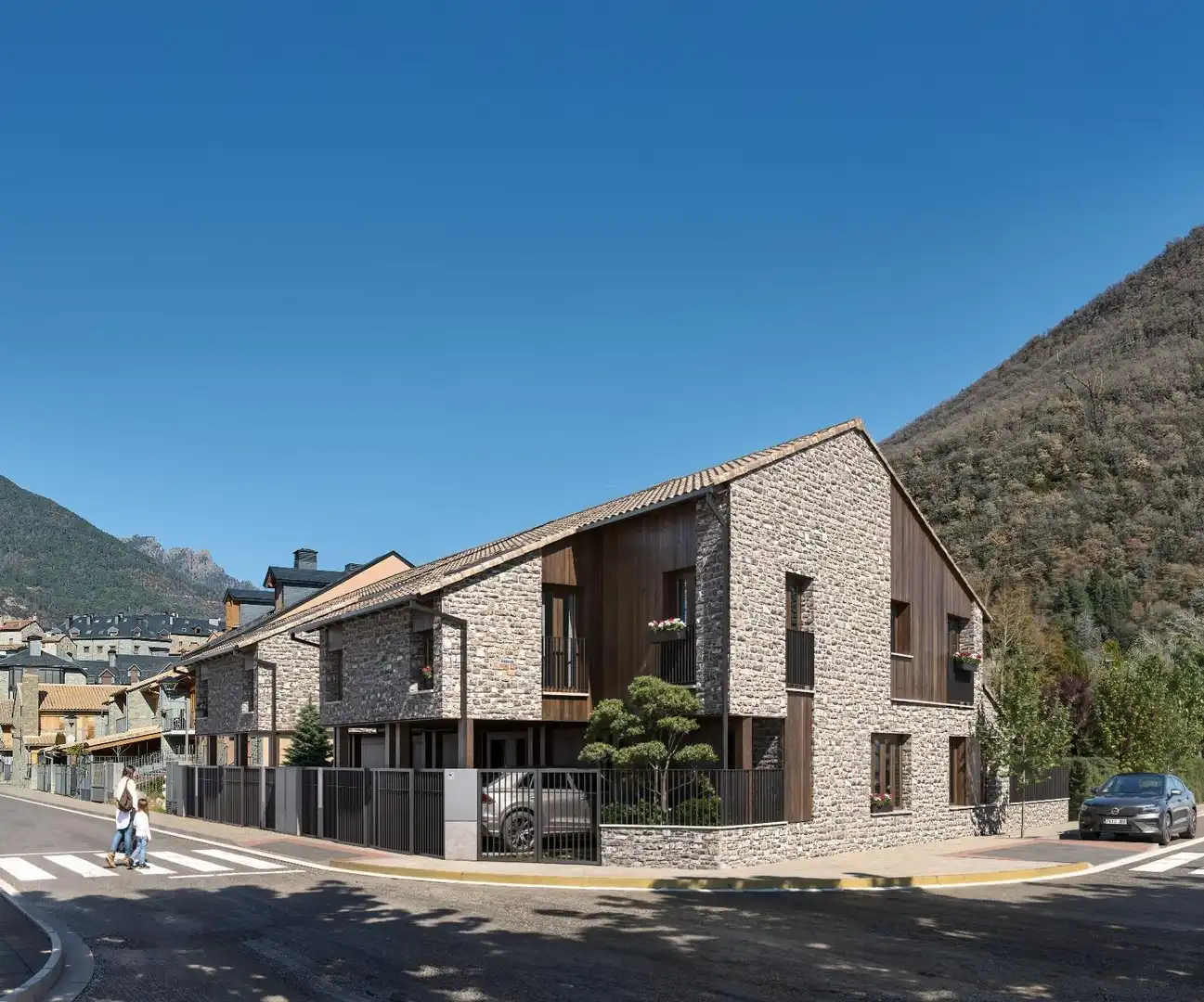 Außenansicht von Einfamilien-Reihenhaus zum Verkauf in Biescas mit Klimaanlage, Heizung und Privatgarten