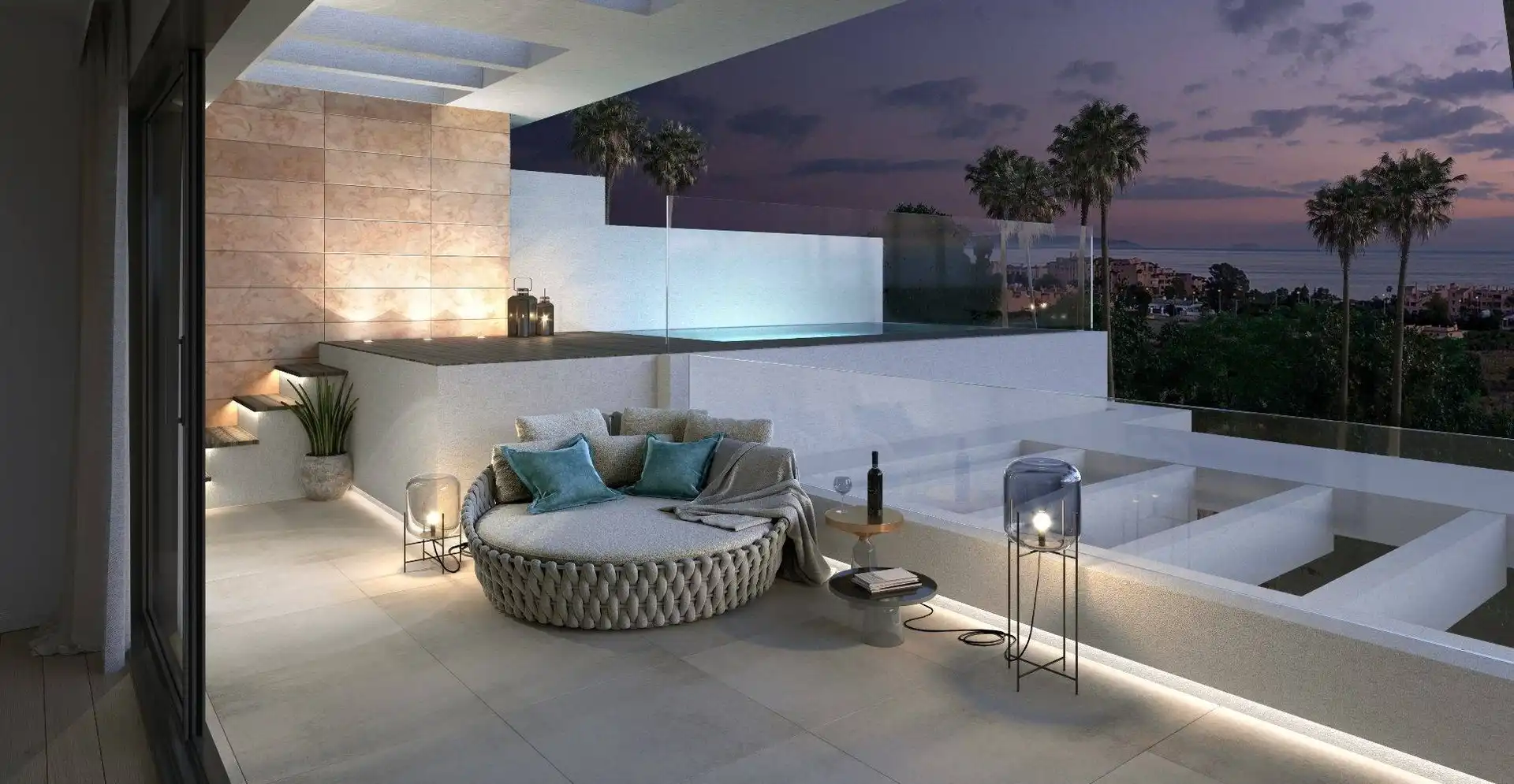 Terrasse von Wohnungen zum Verkauf in Estepona mit Klimaanlage, Heizung und Privatgarten