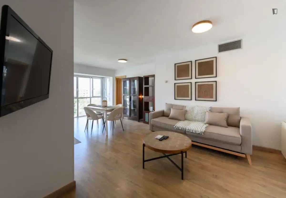 Sala d'estar de Apartament de lloguer en  Madrid Capital amb Aire condicionat, Calefacció i Moblat