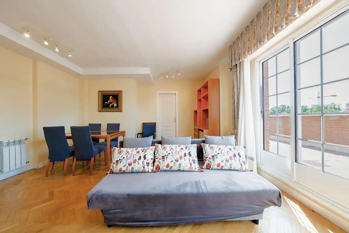 Sala d'estar de Àtic de lloguer en Madrid amb Aire condicionat, Calefacció i Jardí privat