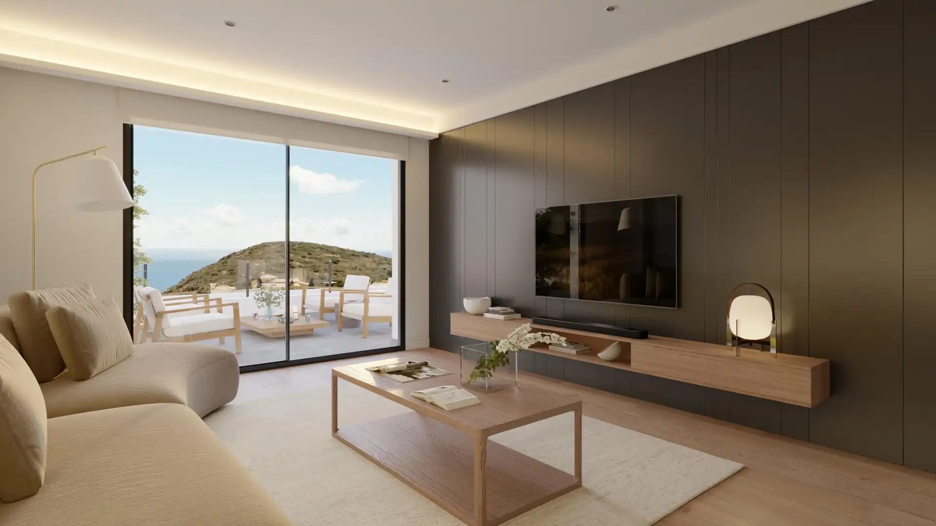 Sala d'estar de Dúplex en venda en Benitachell / El Poble Nou de Benitatxell amb Aire condicionat, Terrassa i Alarma
