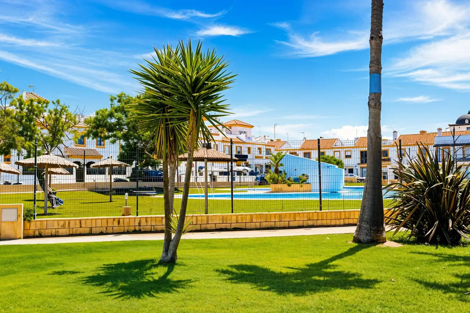 Außenansicht von Wohnungen zum Verkauf in Chiclana de la Frontera mit Privatgarten und Gemeinschaftspool