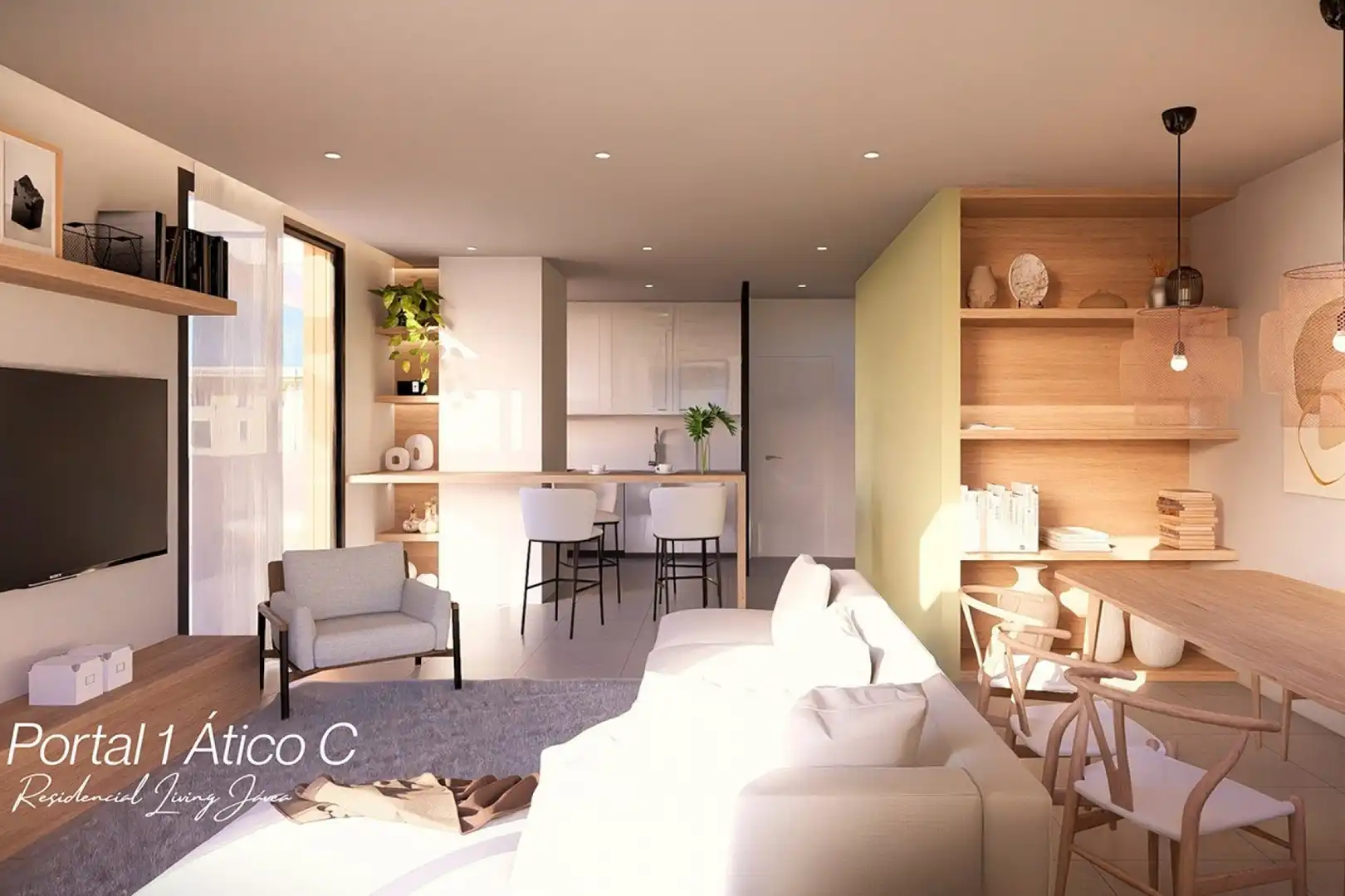 Wohnzimmer von Dachboden zum Verkauf in Jávea / Xàbia mit Klimaanlage, Heizung und Privatgarten