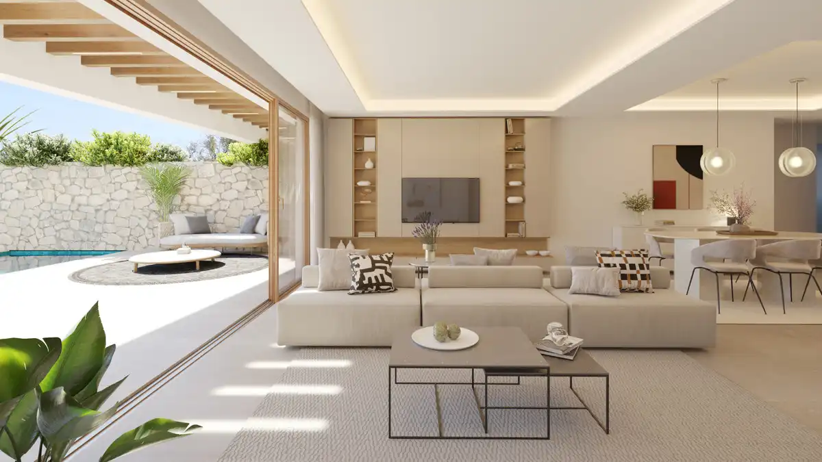 Wohnzimmer von Erdgeschoss zum Verkauf in Mijas mit Klimaanlage, Privatgarten und Terrasse
