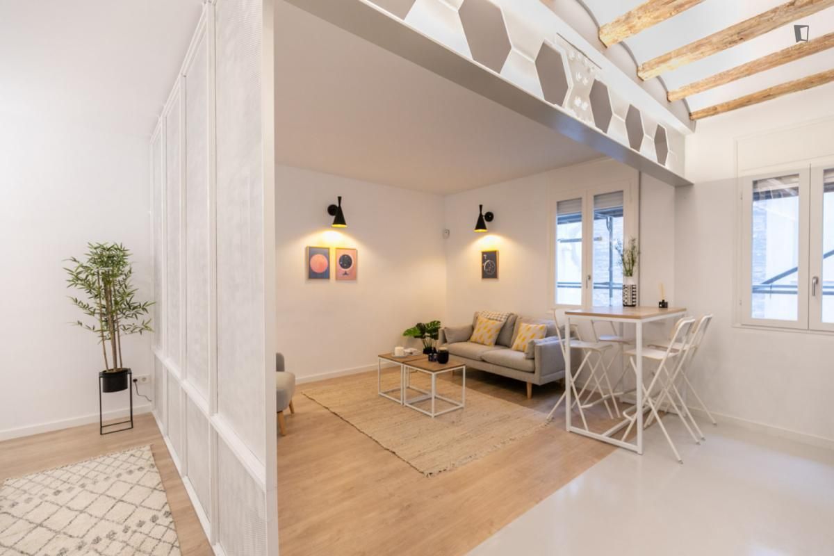Sala d'estar de Estudi de lloguer en  Barcelona Capital amb Aire condicionat, Calefacció i Moblat