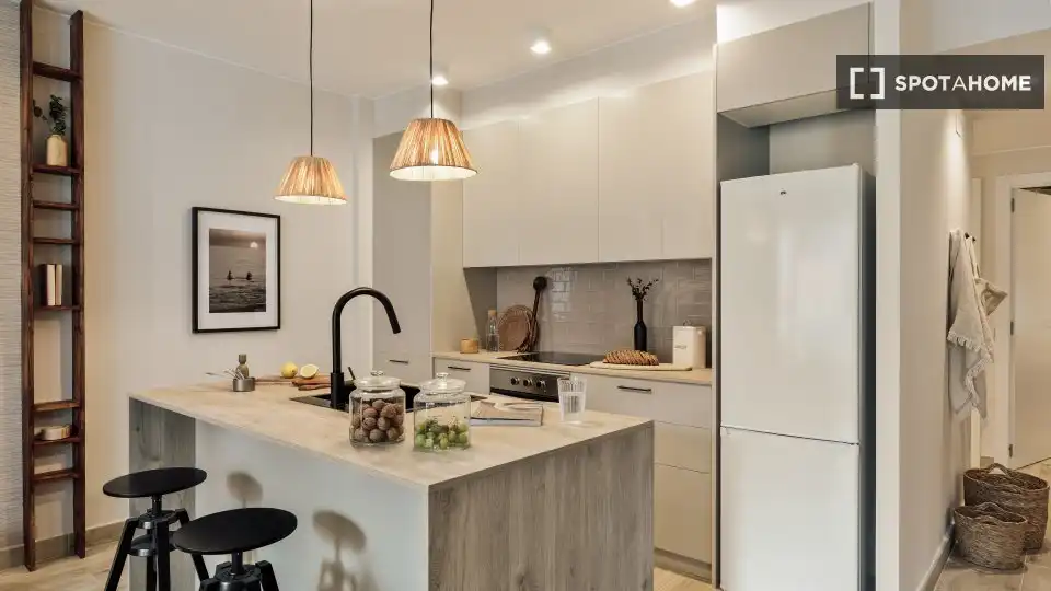 Cuina de Apartament per a compartir en Barcelona amb Aire condicionat, Terrassa i Moblat
