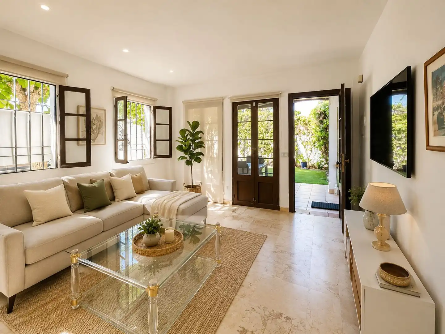 Sala d'estar de Planta baixa en venda en Estepona amb Calefacció, Jardí privat i Terrassa