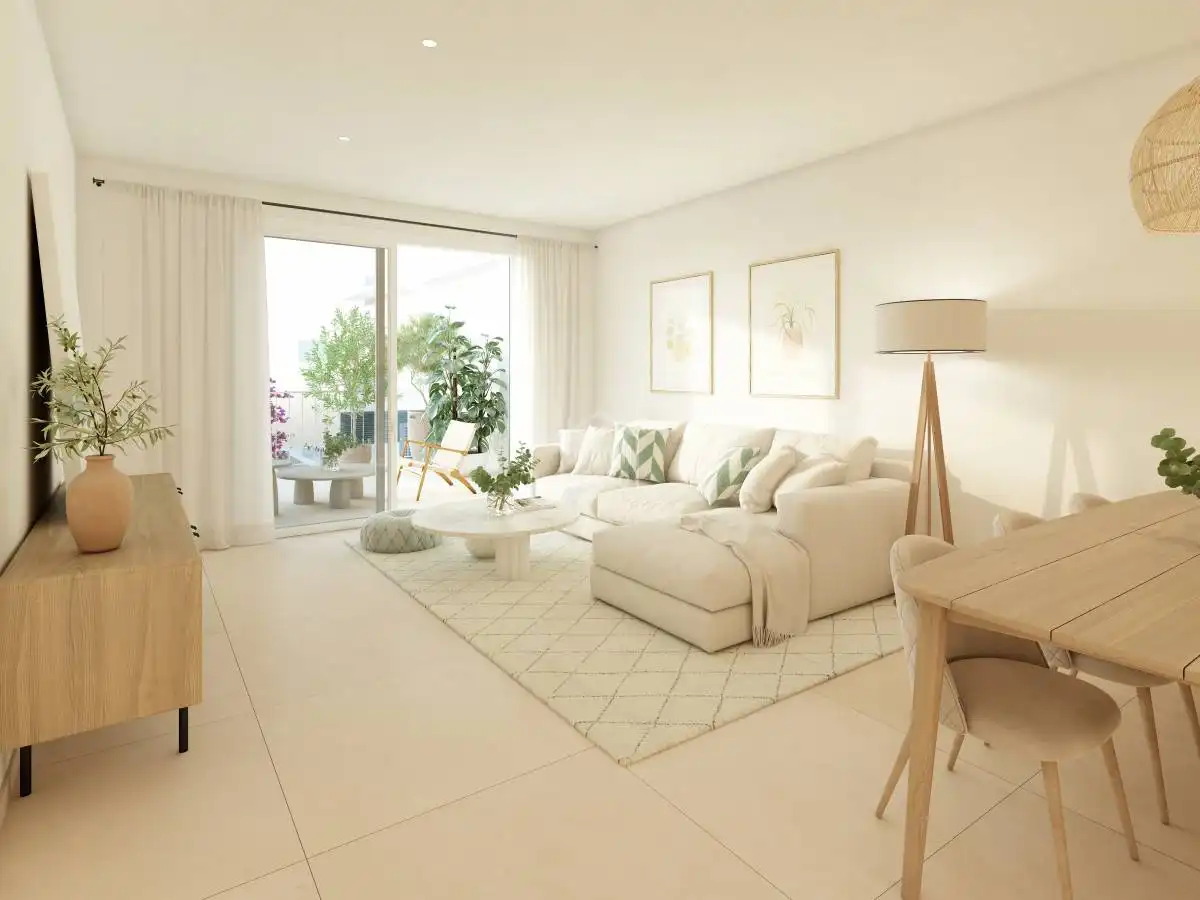 Sala d'estar de Apartament en venda en Es Mercadal amb Jardí privat, Terrassa i Piscina